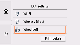 LAN settings screen: Select Wired LAN